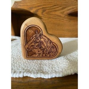Wood Whittlers Heart Shaped Slide Lid Wood Box Hand Carved Horse